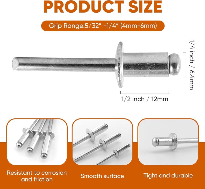 ALLCLEAN 80 Pcs 1/4" x 1/2" Aluminum Blind Rivets,6.4 x 12mm Pop Rivets,Aluminum Grip and Steel Mandrel - Image 2